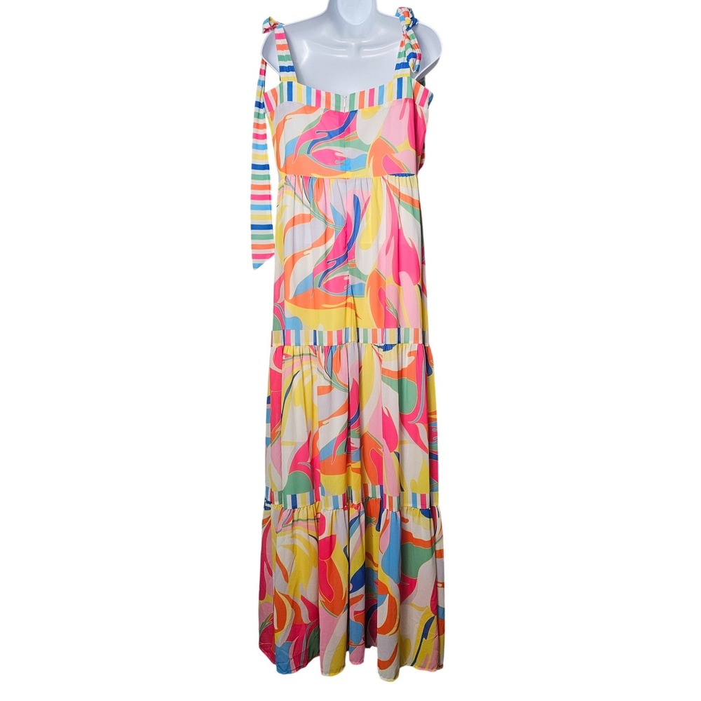 Flying Tomato Tea Party Woven Maxi Dress Womens L Rainbow Tie Shoulder Tiered - Picture 12 of 14